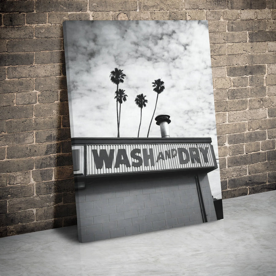 Wash And Dry Laundromat Wall Art | Black and White Palm Tree Photography | 1.25" Gallery Wrap Canvas | Premium Modern Home Decor Print
