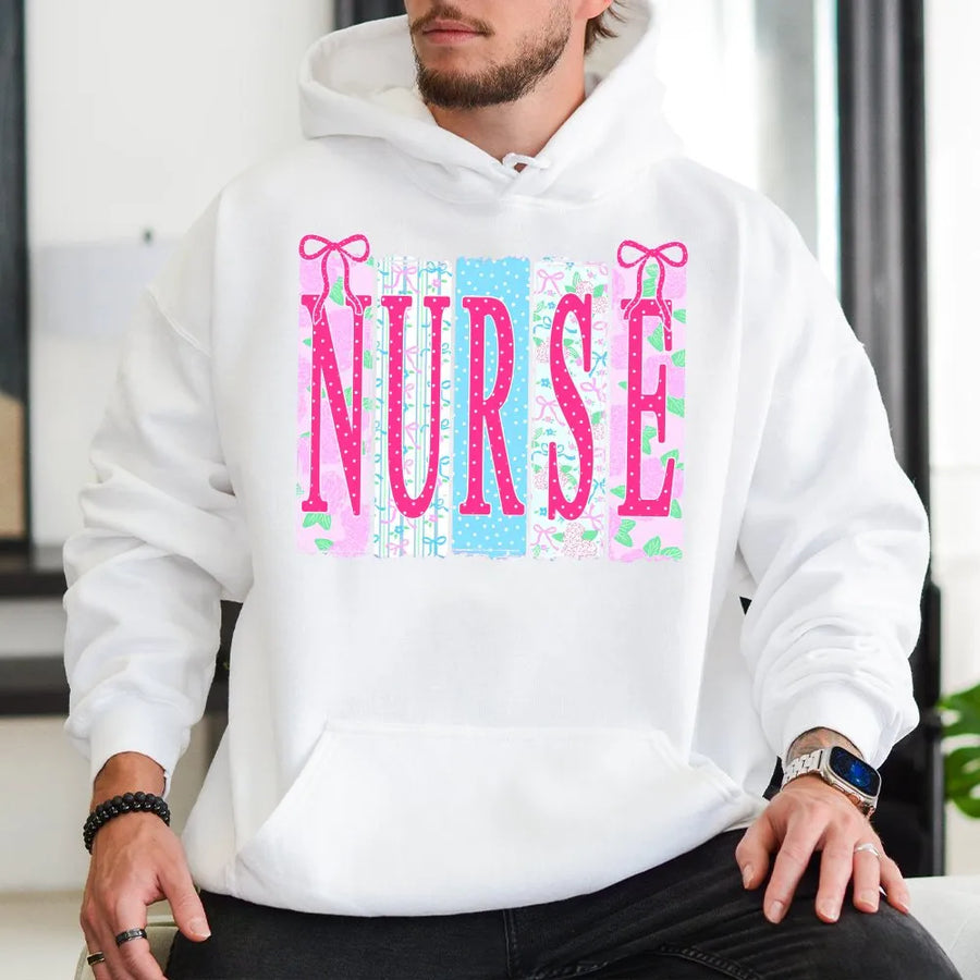 Coquette Nurse Hoodie | Ditsy Floral & Bow Pattern Pullover | Soft Cotton Blend | Premium Gift for RN, NICU Nurse, Nursing Student