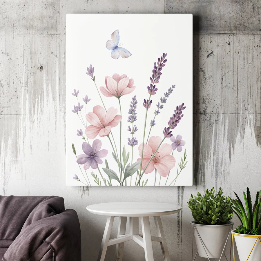Watercolor Lavender Wildflowers Wall Art | Soft Pastel Floral Butterfly Print | Premium 1.25" Gallery Wrapped Canvas | Botanical Home Decor Gift