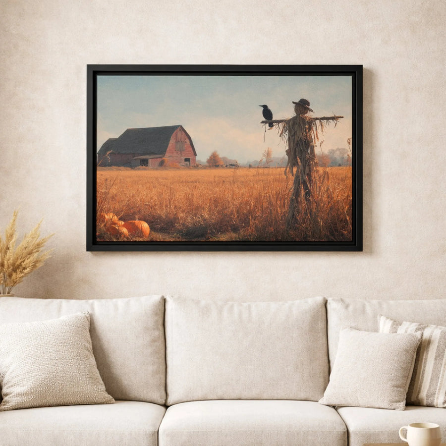 Autumn Farmhouse Canvas Wall Art | Scarecrow Red Barn Fall Landscape | Premium Fade-Resistant Gallery Wrap | Seasonal Rustic Home Decor Gift