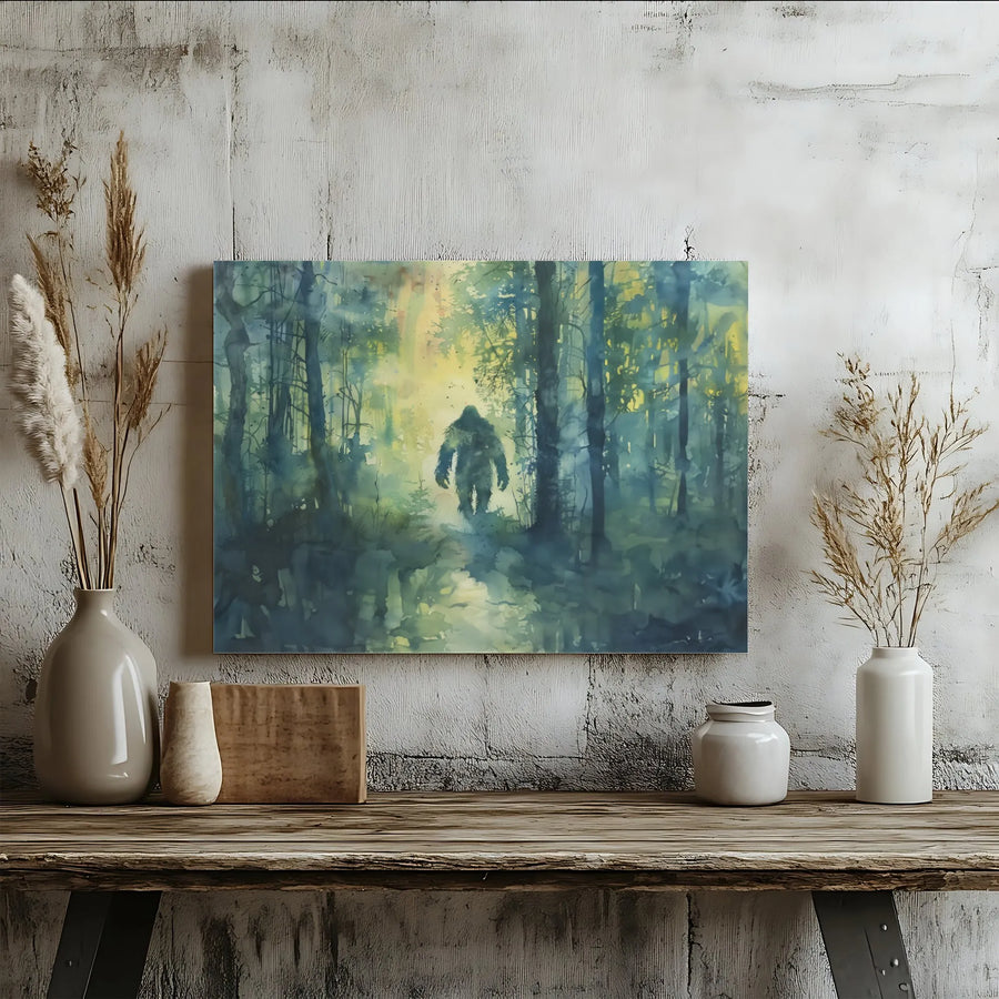 Bigfoot Wall Art Canvas | Misty Forest Watercolor Print | Premium Gallery Wrapped Decor | Unique Cryptid Gift for Nature Lovers