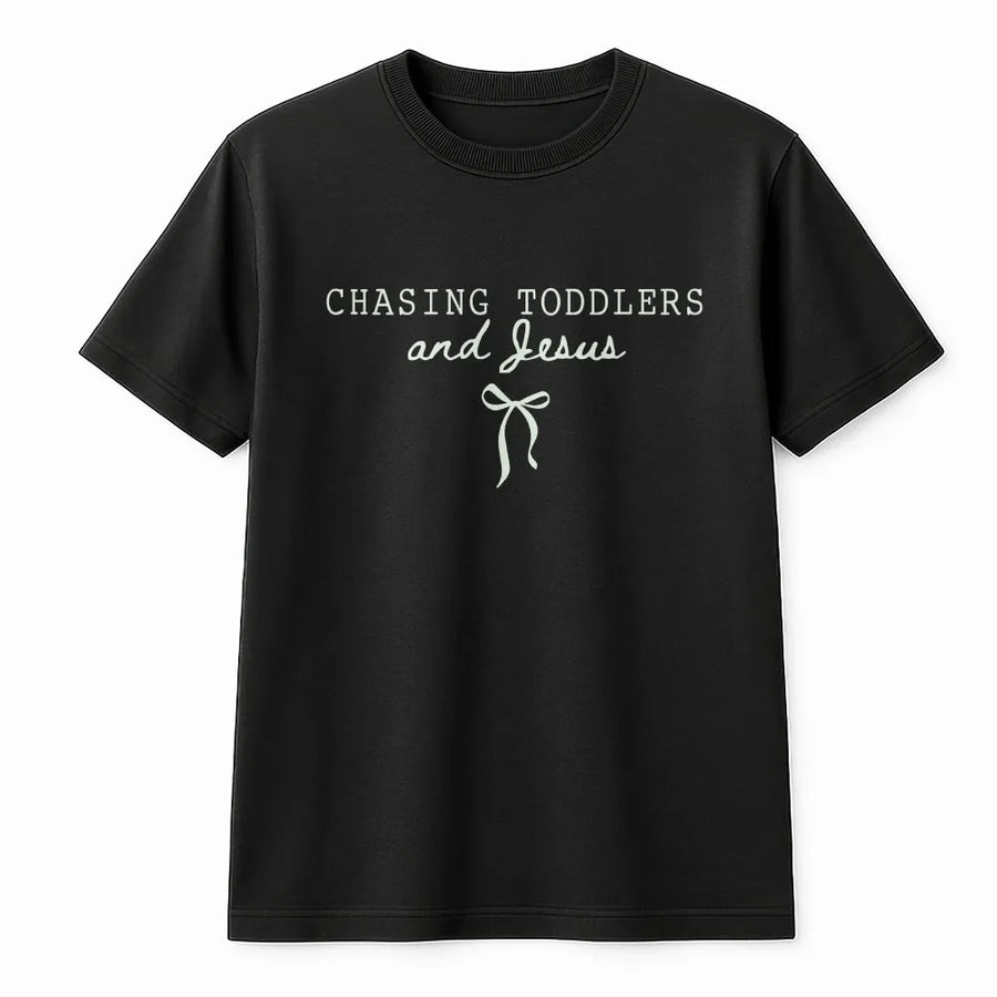 Chasing Jesus And Toddlers T-Shirt | Aesthetic Coquette Bow Faith Design | 100% Cotton Premium Tee | Christian Mom Gift For Her