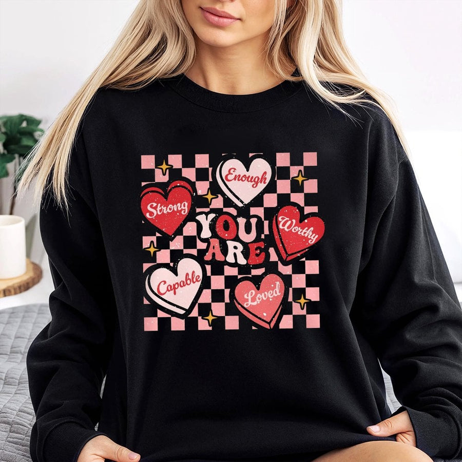 You Are Enough Affirmation Sweatshirt | Retro Checkerboard Heart Graphic | Premium Cotton Blend | Inspirational Valentine's Day Gift for Her