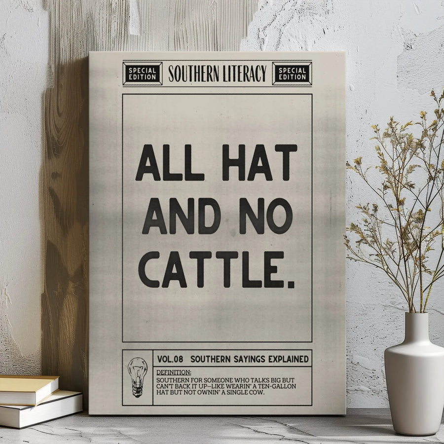 All Hat And No Cattle Canvas Wall Art | Funny Southern Quote Decor | Premium Gallery Wrap Print | Gift for Texan or Country Home Office