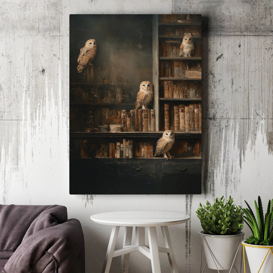 Barn Owl Library Canvas Print | Dark Academia Wall Art | Premium Gallery-Wrapped Portrait | Moody Vintage Decor for Home or Office