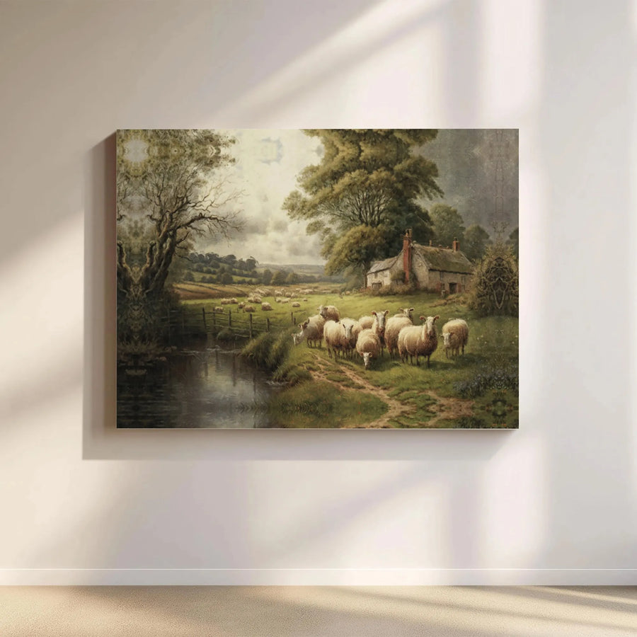English Countryside Sheep Canvas Art | Pastoral Meadow Cottage Landscape | Premium Fade-Resistant Gallery Print | Farmhouse Wall Decor for Home