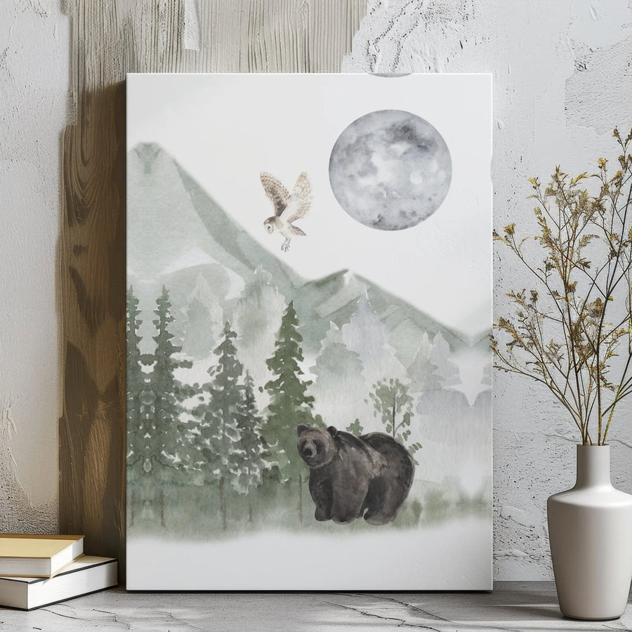 Watercolor Bear Wall Art | Mountain Forest Owl Under Full Moon | Premium Gallery Wrap Canvas | Rustic Nature Home Decor Gift
