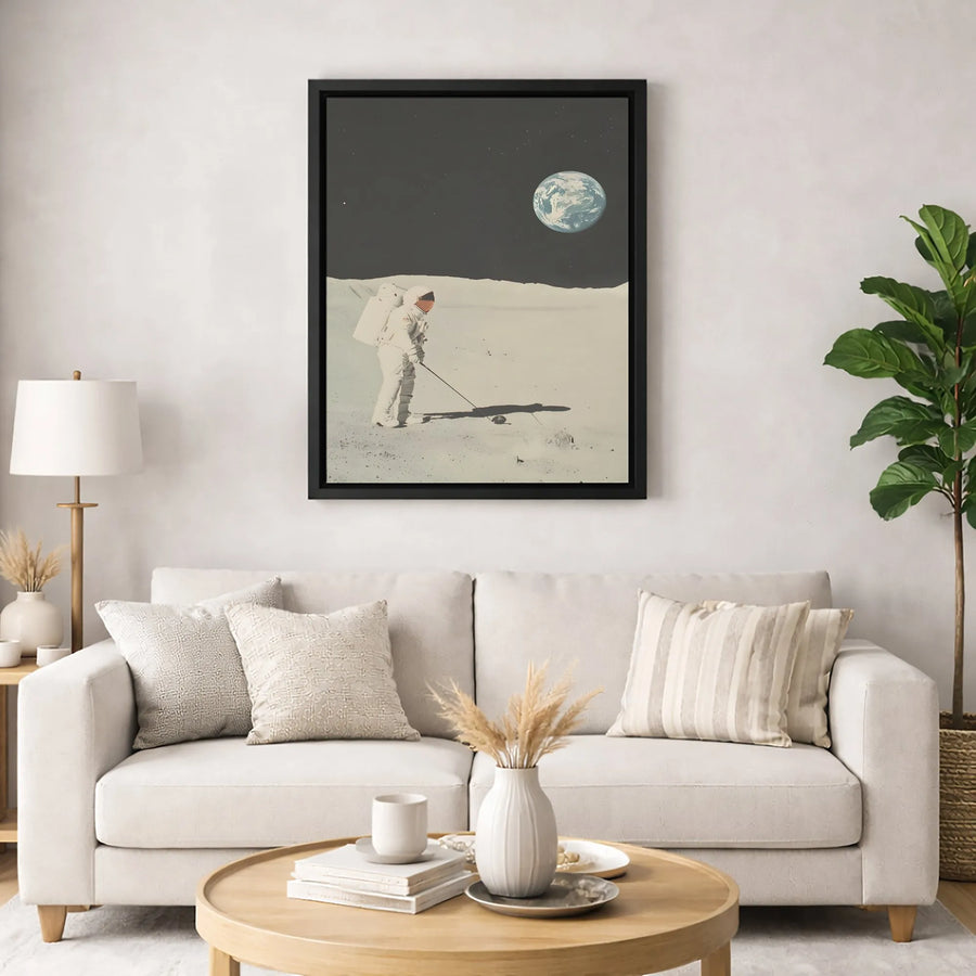 Astronaut Playing Golf Canvas Wall Art | Moon Surface Space Exploration Print | Premium 1.25" Gallery Wrap | Unique Gift for Golfers & Space Fans