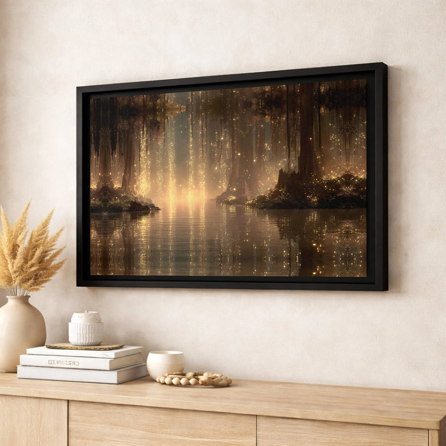 Enchanted Forest Canvas Wall Art | Magical Glowing Fireflies Reflection | Premium Gallery Wrapped Print | Nature Home Decor Gift