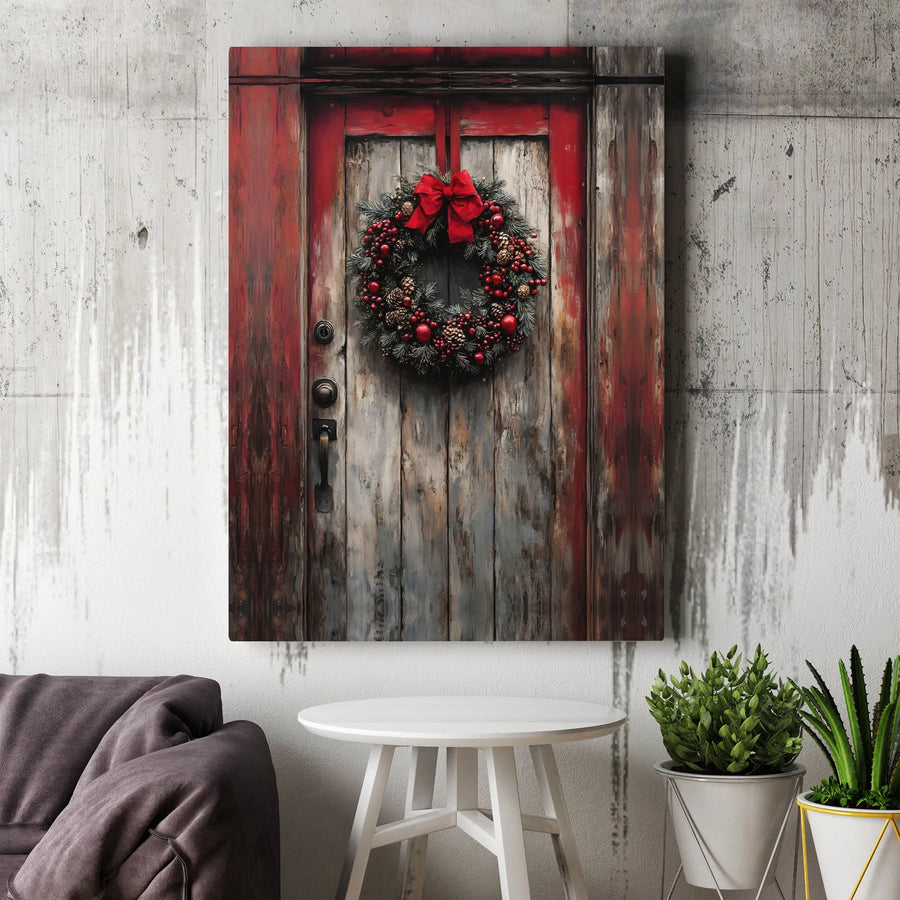 Rustic Christmas Door Canvas Wall Art | Red Wreath Farmhouse Print | Gallery Quality 1.25” Thick | Festive Holiday Home Decor Gift