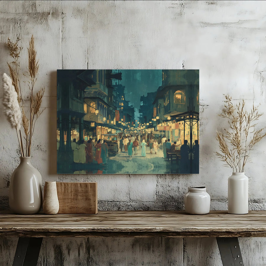 Night Market Street Scene Canvas Wall Art | Impressionist Urban Evening Landscape | Premium Gallery Wrap Print | Home Office Decor Gift
