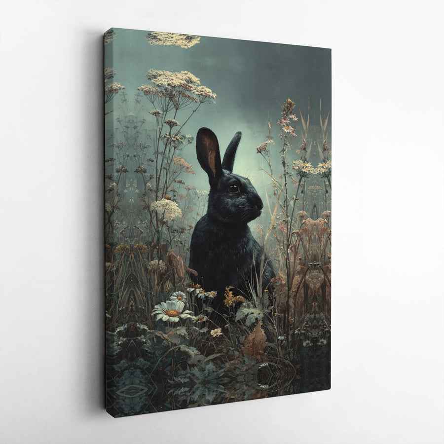Black Rabbit Wall Art | Moody Wildflower Meadow Canvas Print | Premium Gallery-Wrapped Decor | Nature-Inspired Home Gift for Animal Lovers