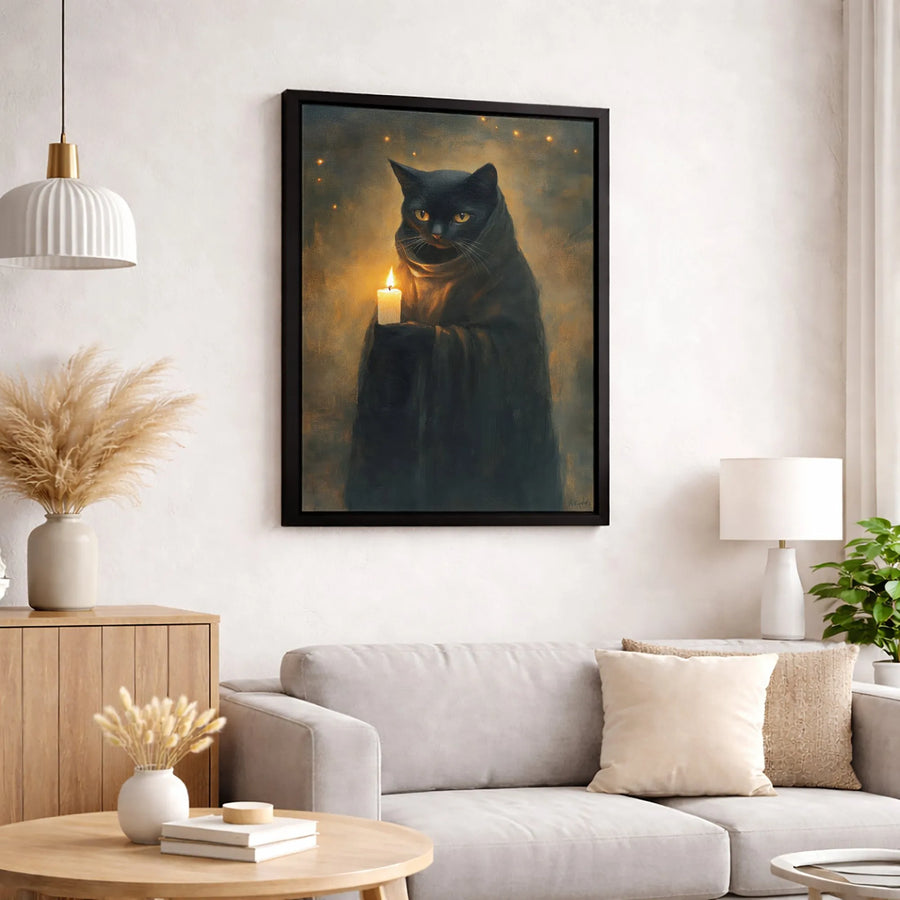 Mystical Black Cat Canvas Wall Art | Dark Academia Robe & Candle Portrait | Premium Gallery-Wrapped Decor | Gothic Witchy Gift for Cat Lovers