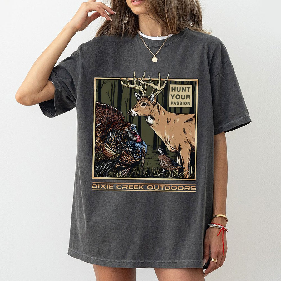Hunting T-Shirt | Deer Turkey Quail Wildlife Graphic | 100% Cotton Premium Tee | Outdoorsman Gift For Hunters
