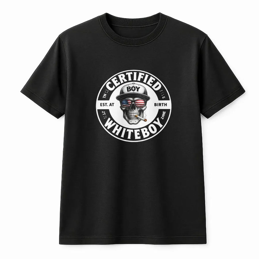 Certified Whiteboy T-Shirt | American Flag Skull Graphic | Soft Unisex Crewneck | Funny Patriotic Gift for Him