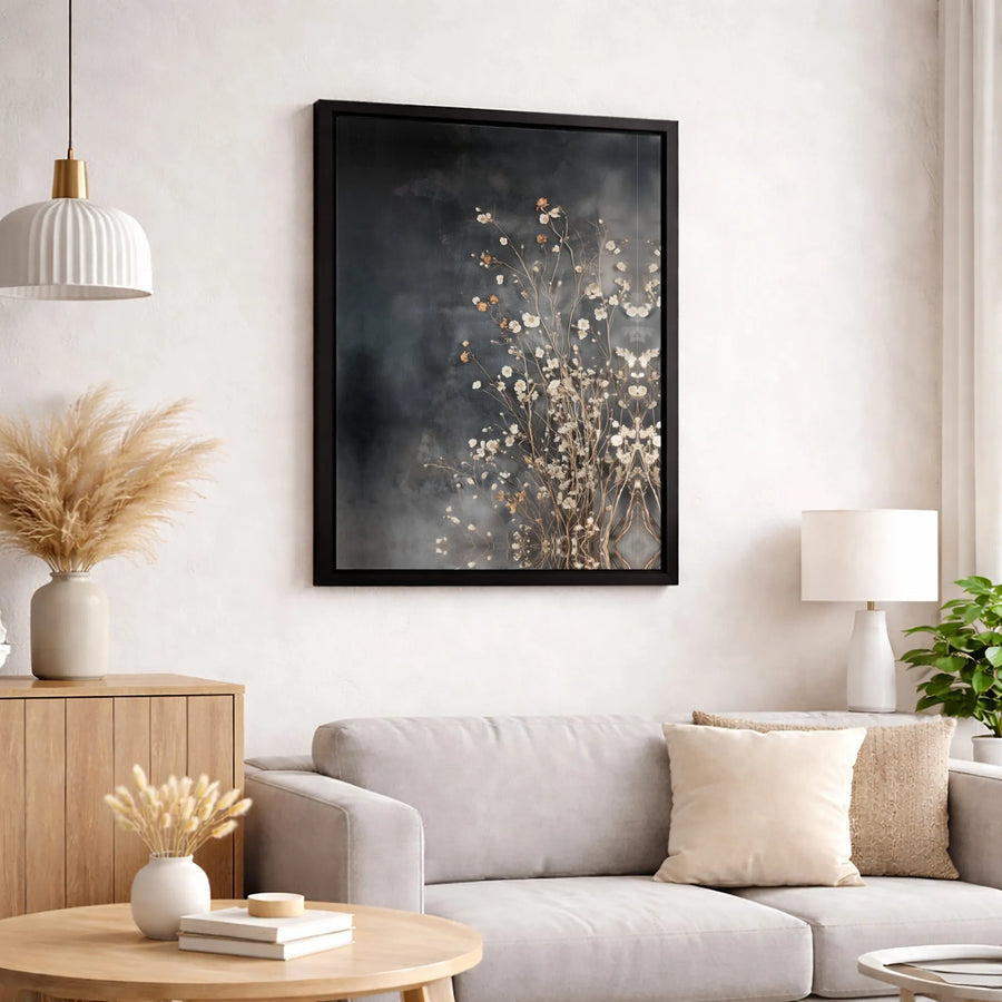 Dried White Wildflowers Canvas | Moody Botanical Wall Art | 1.25 Inch Premium Gallery Profile | Modern Minimalist Home Decor Gift