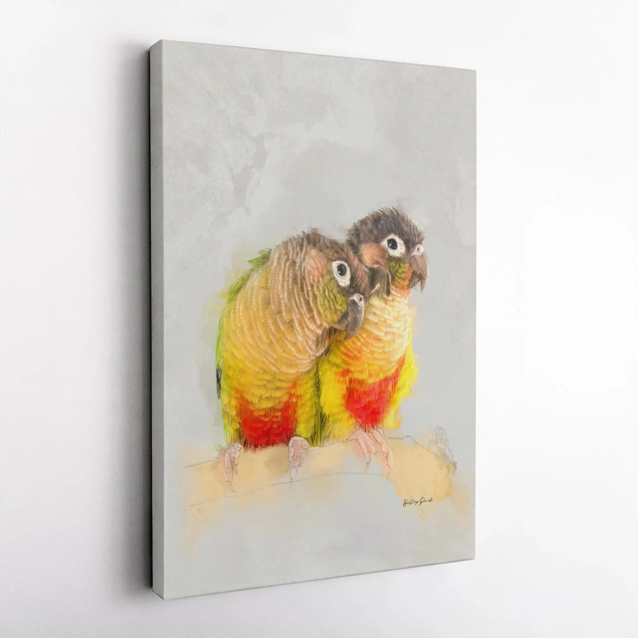 Green-Cheeked Conure Canvas Art | Watercolor Bird Couple Painting | 1.25-Inch Premium Gallery Profile | Parrot Lover Home Decor Gift