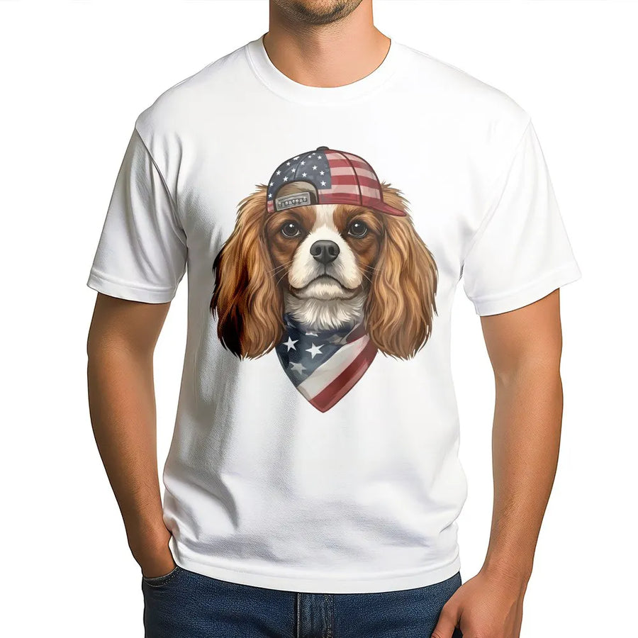 Patriotic Dog T-Shirt | Cavalier King Charles Spaniel USA Flag Graphic | Soft Cotton Blend Pullover | Fourth of July Gift for Dog Mom & Dad