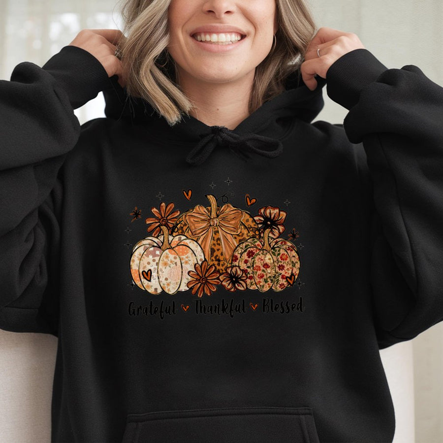 Grateful Thankful Blessed Hoodie | Fall Pumpkin Graphic Print | Soft Cotton-Poly Blend | Thanksgiving Gift for Women & Men