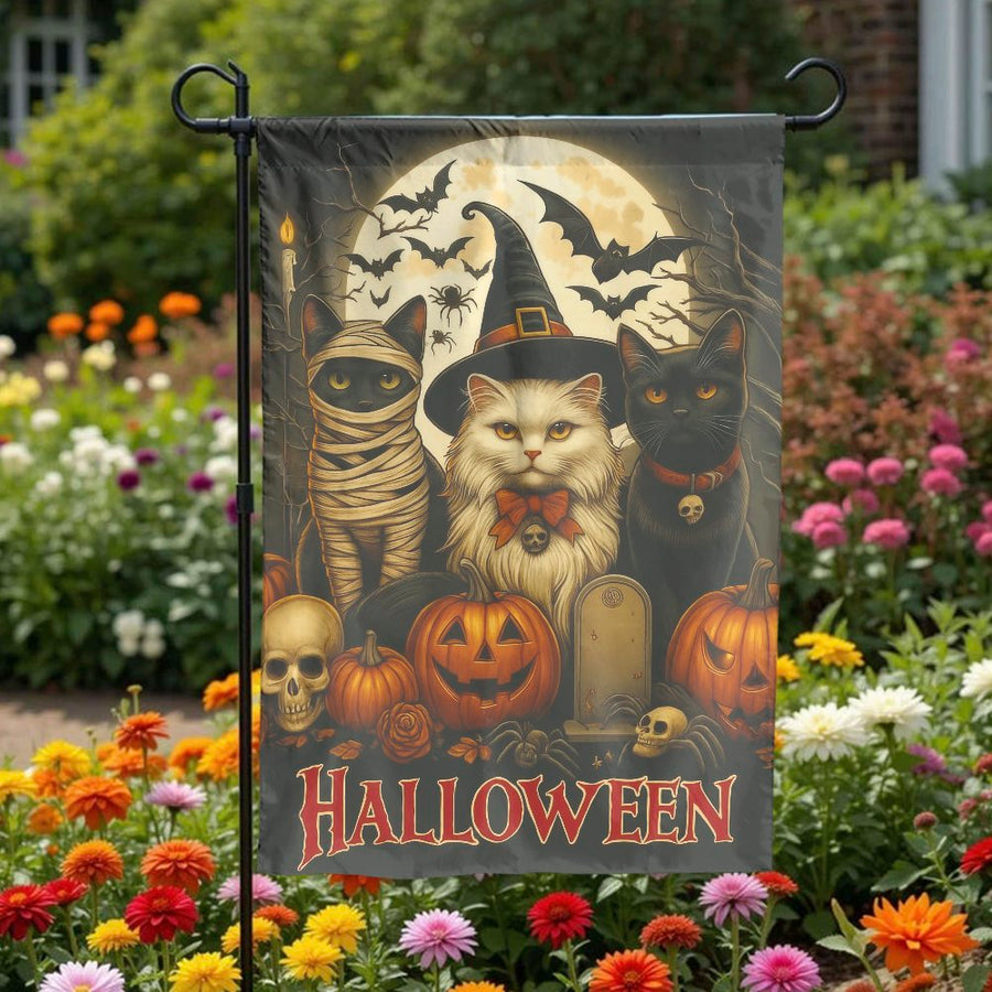 Halloween Garden Flag | Spooky Cats Pumpkins & Witch Hat Art | Weather-Resistant Polyester | Outdoor Fall Yard Decor Gift