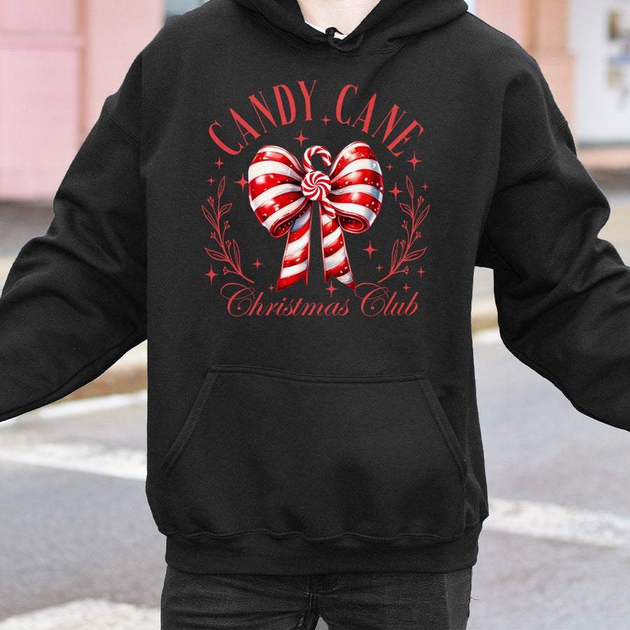 Candy Cane Christmas Club Hoodie | Festive Red Bow Graphic Design | Premium Cotton-Polyester Blend | Cozy Holiday Gift for Her