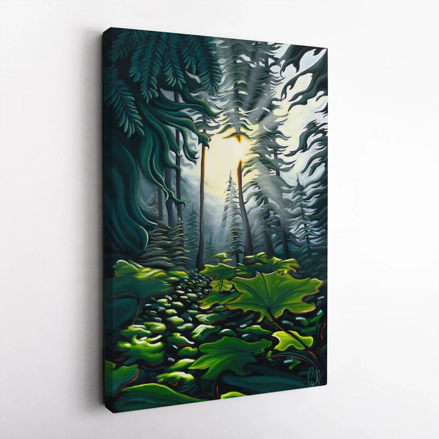 Enchanted Forest Canvas Print | Sunbeam Through Tall Trees Painting | Premium Gallery Quality Canvas | Nature Themed Wall Decor Gift