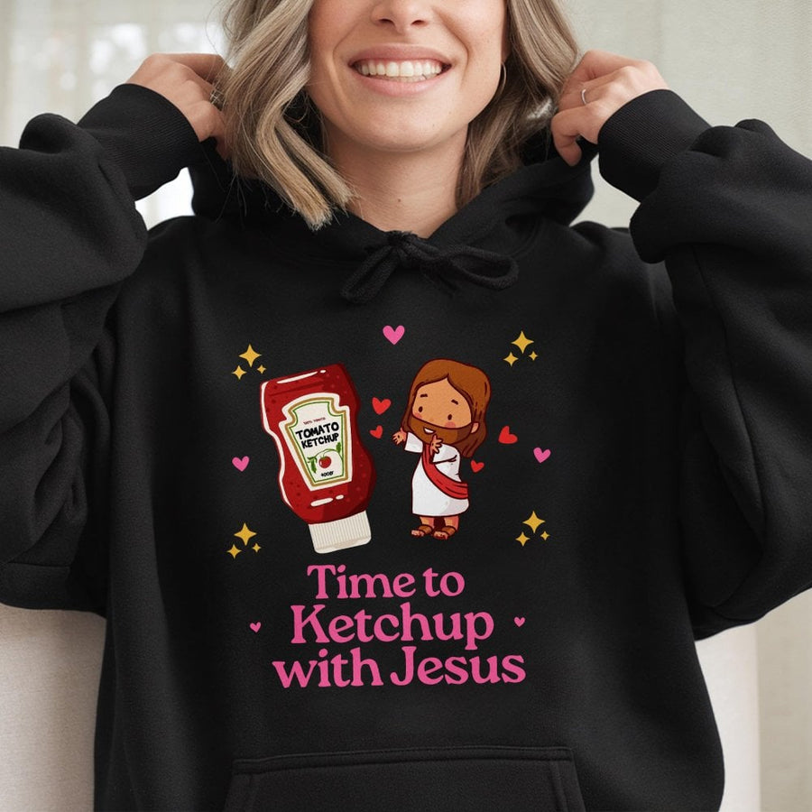 Time To Ketchup With Jesus Hoodie | Cute Religious Pun Graphic | Premium Cotton-Blend Pullover | Faith-Based Christian Gift For Men And Women