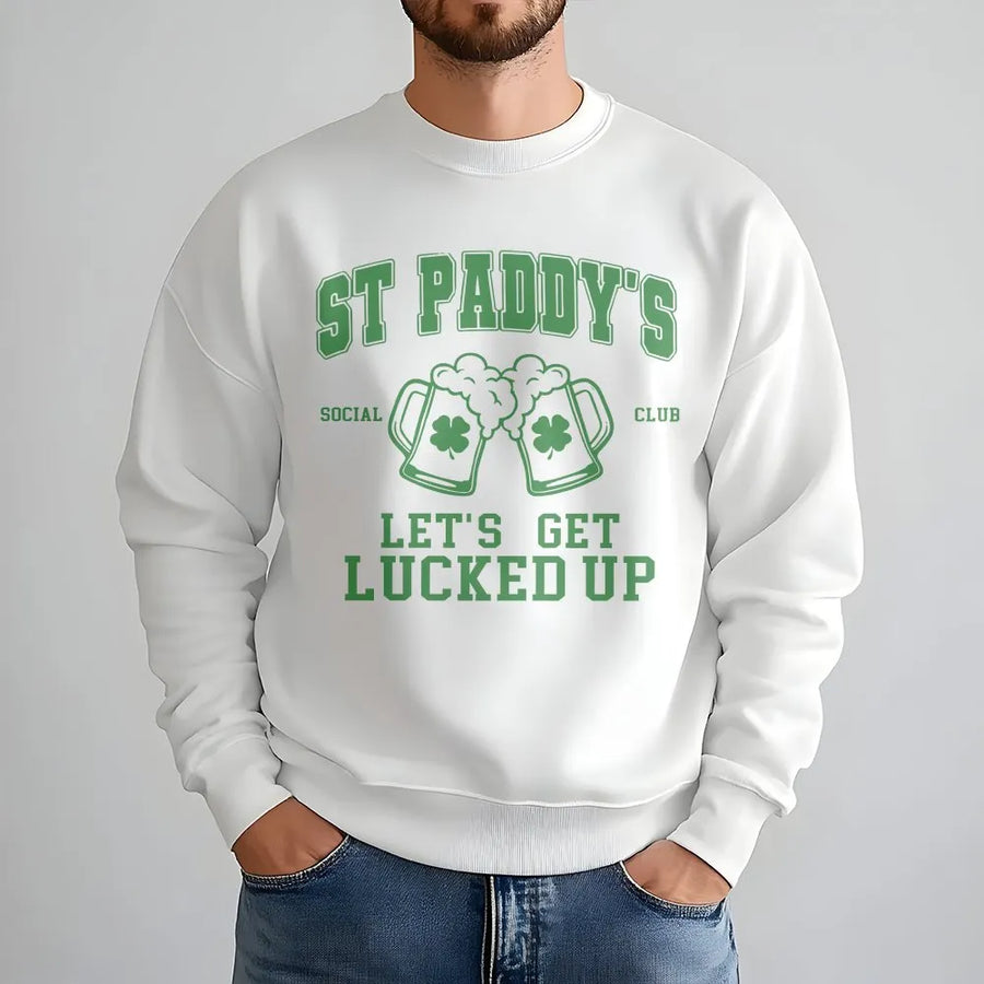 St. Paddy's Day Sweatshirt | Let's Get Lucked Up Beer Design | Premium Cotton Blend | Funny Irish Party Gift for Women and Men