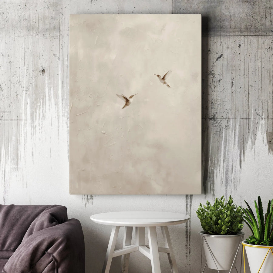 Minimalist Hummingbird Wall Art | Two Birds in Flight Canvas Print | Premium Textured Finish | Modern Neutral Home Decor Gift