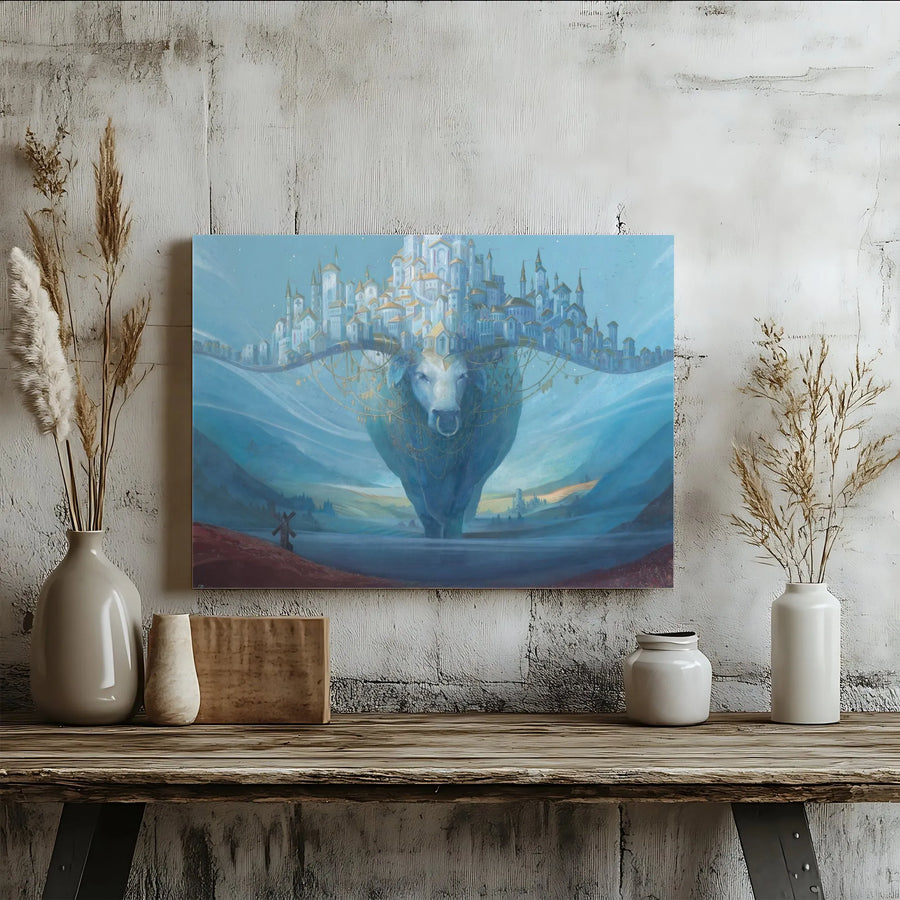 Mythical Bull Canvas Art | Surreal Landscape with Floating City | Premium Thick Gallery Wrap | Gift for Fantasy Art Lovers