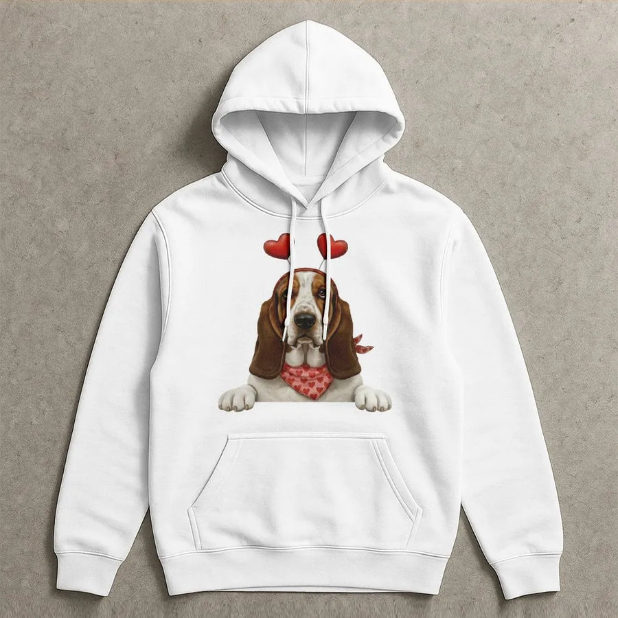 Basset Hound Valentine Hoodie | Cute Love Heart Dog Print | Premium Cotton Blend | Gift for Dog Mom and Valentine's Day Lovers