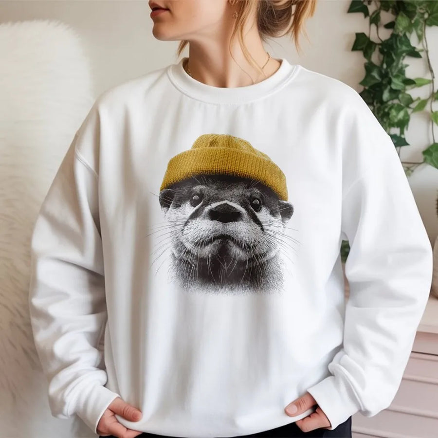 River Otter Sweatshirt | Cute Animal Graphic With Yellow Beanie | Premium Cotton Blend Unisex Pullover | Wildlife Lover Gift For Men And Women