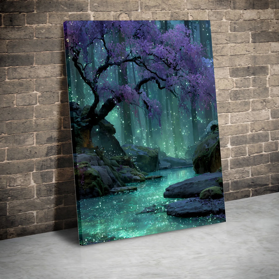 Enchanted Forest Wall Art | Magical Glowing River & Purple Blossom Tree Print | Premium Gallery-Wrapped Canvas | Whimsical Home Decor Gift
