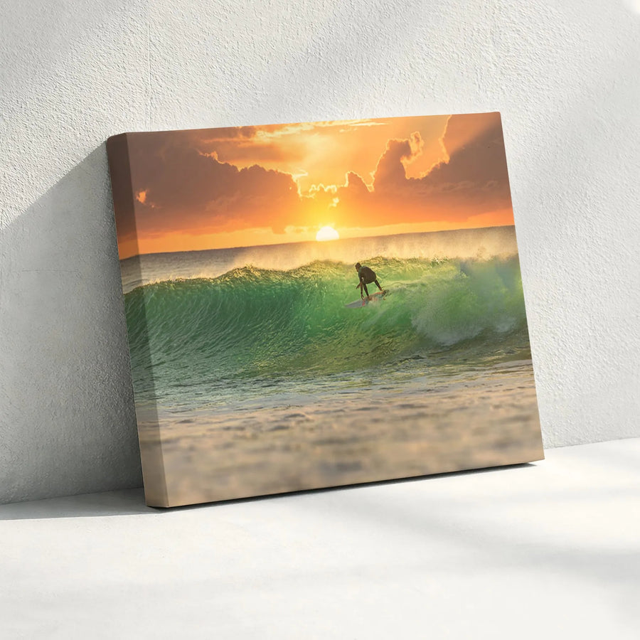 Surfing Canvas Wall Art | Ocean Sunset Photography | Premium Gallery Wrapped Canvas | Coastal Home Decor Gift for Surfer