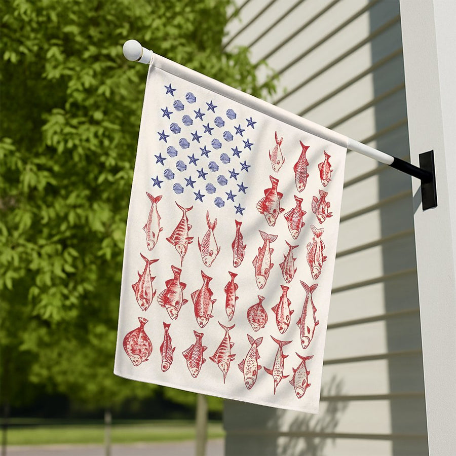 Patriotic Fishing Garden Flag | Nautical Seashell & Fish American Flag Art | UV-Resistant Polyester | Outdoor Coastal Home Decor Gift for Fishermen