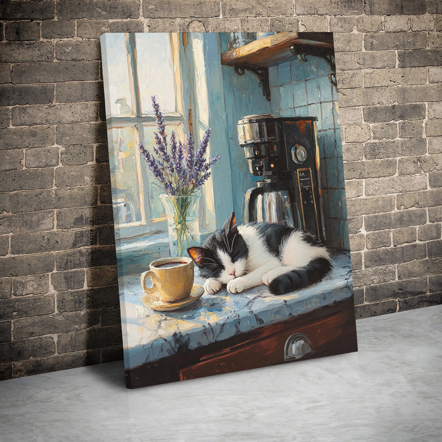 Sleeping Cat Canvas Wall Art | Whimsical Kitchen Scene with Coffee and Lavender | Premium Gallery Wrap Decor | Cozy Gift for Cat Lovers