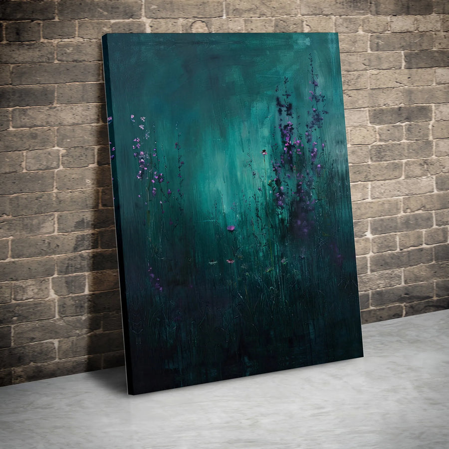 Moody Floral Canvas Wall Art | Abstract Teal & Purple Wildflower Meadow | Premium Gallery Wrapped Canvas | Modern Living Room & Bedroom Wall Decor