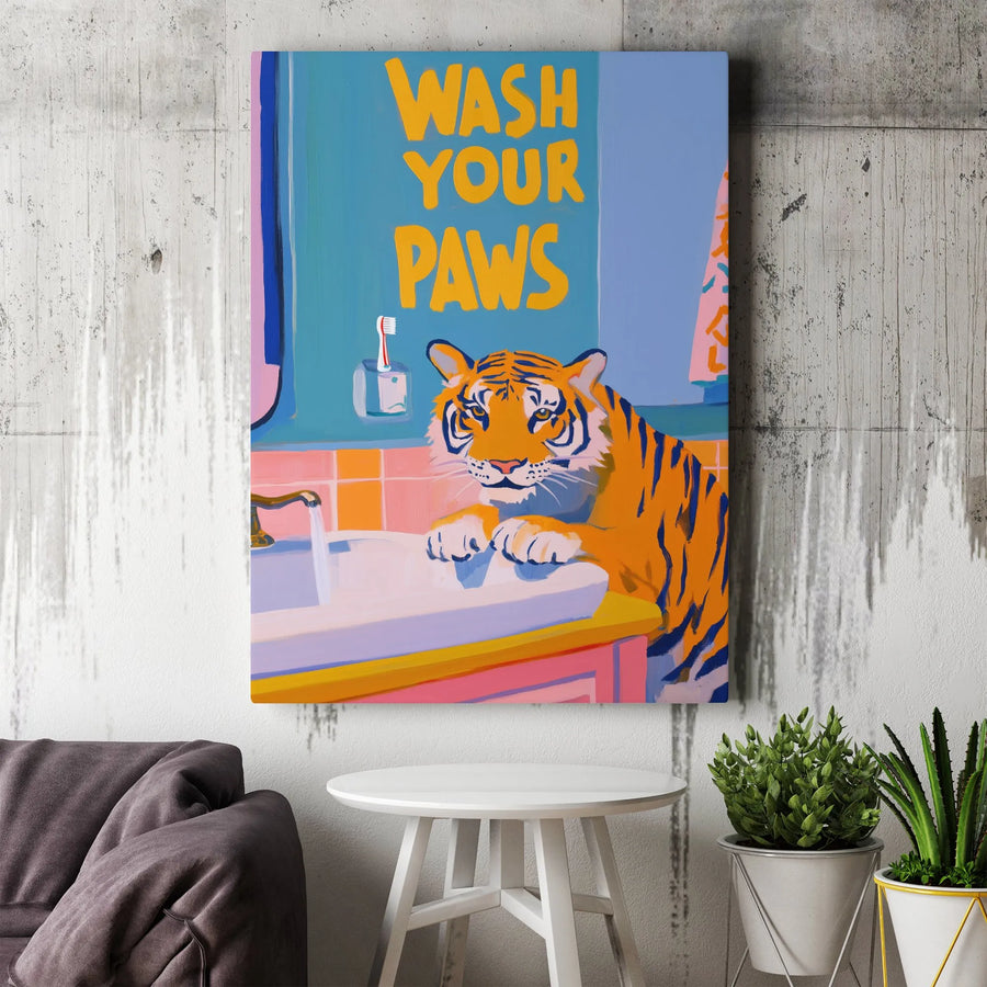 Funny Tiger Wash Your Paws Canvas | Retro Bathroom Wall Art | Premium Frameless Canvas Print | Kids & Adults Bathroom Decor Gift
