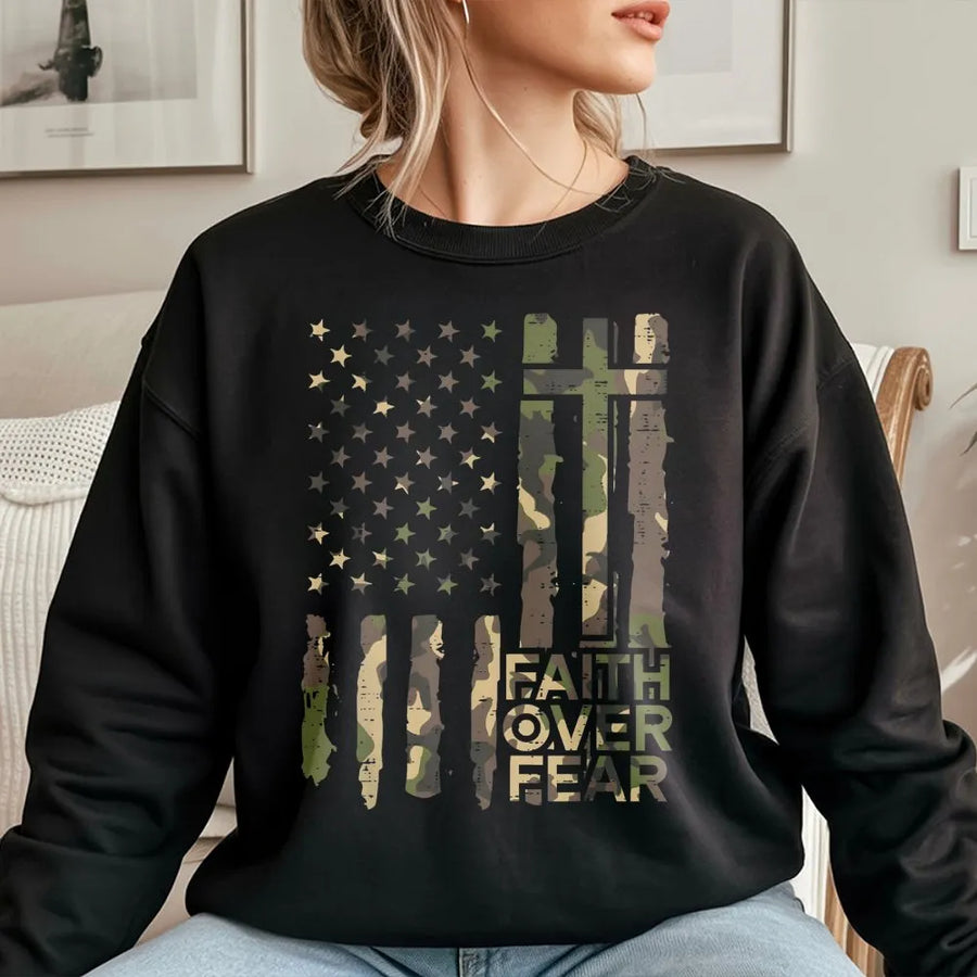Faith Over Fear Sweatshirt | Camo American Flag Cross Graphic | Premium Cotton Blend | Inspirational Christian Patriotic Gift for Men Women