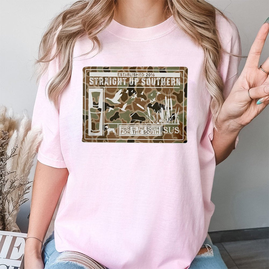 Southern Duck Hunting T-Shirt | Camo Wildlife Graphic Print | Premium 100% Cotton Tee | Gift for Outdoor Country Sportsmen