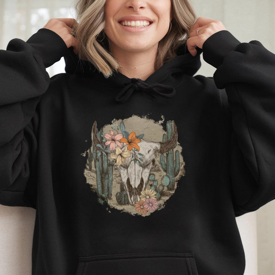 Western Cow Skull Hoodie | Floral Desert Cactus Graphic | Premium Cotton Blend | Boho Southwestern Style Gift for Her