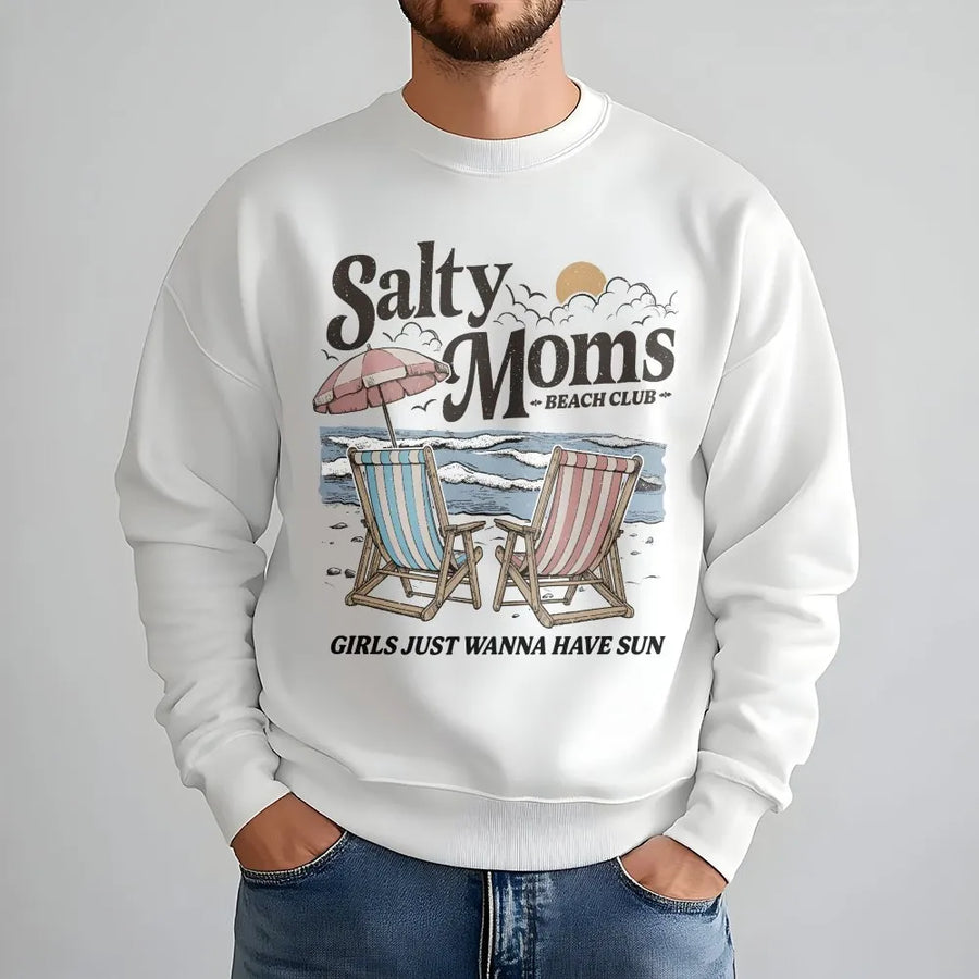 Salty Moms Beach Club Sweatshirt | Vintage Aesthetic Summer Graphic | Premium Cotton-Poly Blend | Cute Mama Gift For Beach Lover