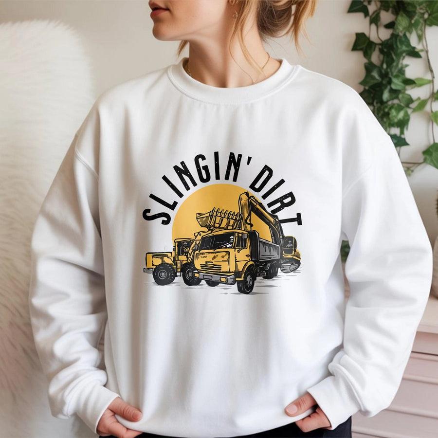 Slingin' Dirt Excavator Sweatshirt | Construction Truck Graphic Tee | Premium Cotton Blend Crewneck | Gift for Heavy Equipment Operator