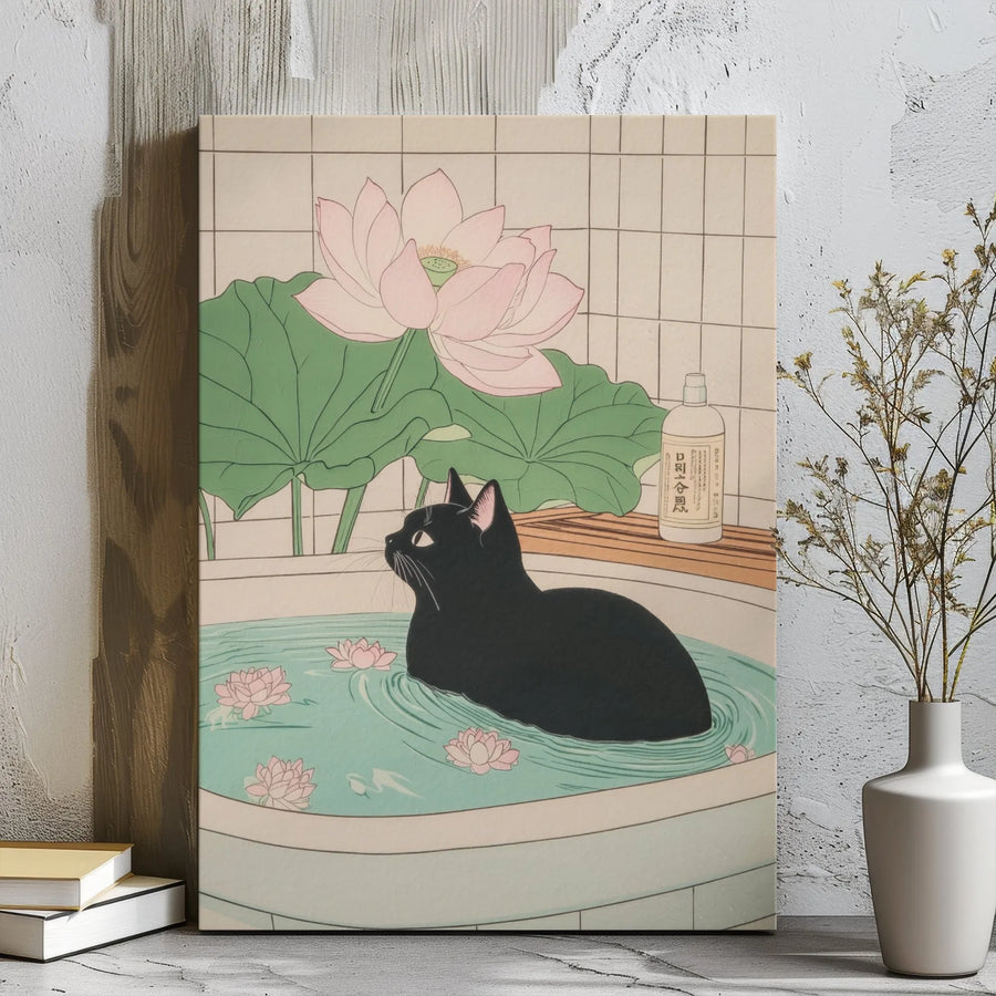 Japanese Black Cat Canvas Art | Lotus Flower Bathing Illustration | Premium Gallery Wrap Wall Decor | Whimsical Zen Home Gift