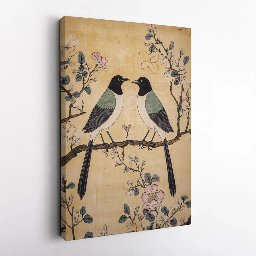 Japanese Bird Wall Art | Magpies on Flowering Branch Canvas | Premium Gallery-Wrapped Print | Elegant Home Decor Gift