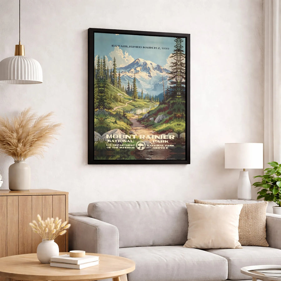 Mount Rainier National Park Wall Art | Vintage Travel Poster Print | Premium Gallery Wrapped Canvas | Nature Lover Gift Decor