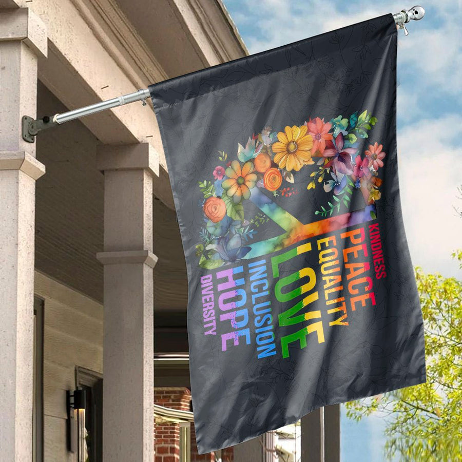 Peace Equality Love House Flag | Floral Rainbow Typography Design | Weather-Resistant Premium Polyester | Inspirational Garden Decor Gift