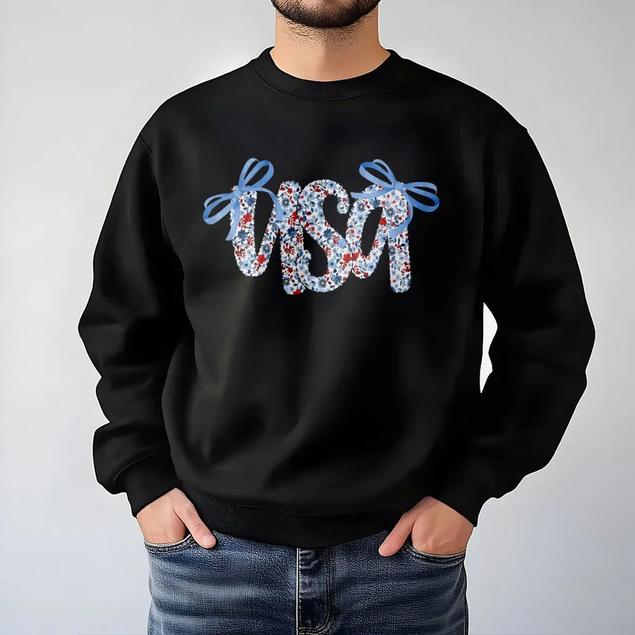 USA Floral Sweatshirt | Patriotic Bow Graphic | Premium Cotton Blend | 4th of July Gift for Women and Men