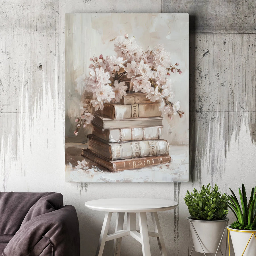 Vintage Books and Cherry Blossom Canvas Art | Botanical Still Life Wall Decor | Premium Fade-Resistant Print | Elegant Gift for Book Lovers