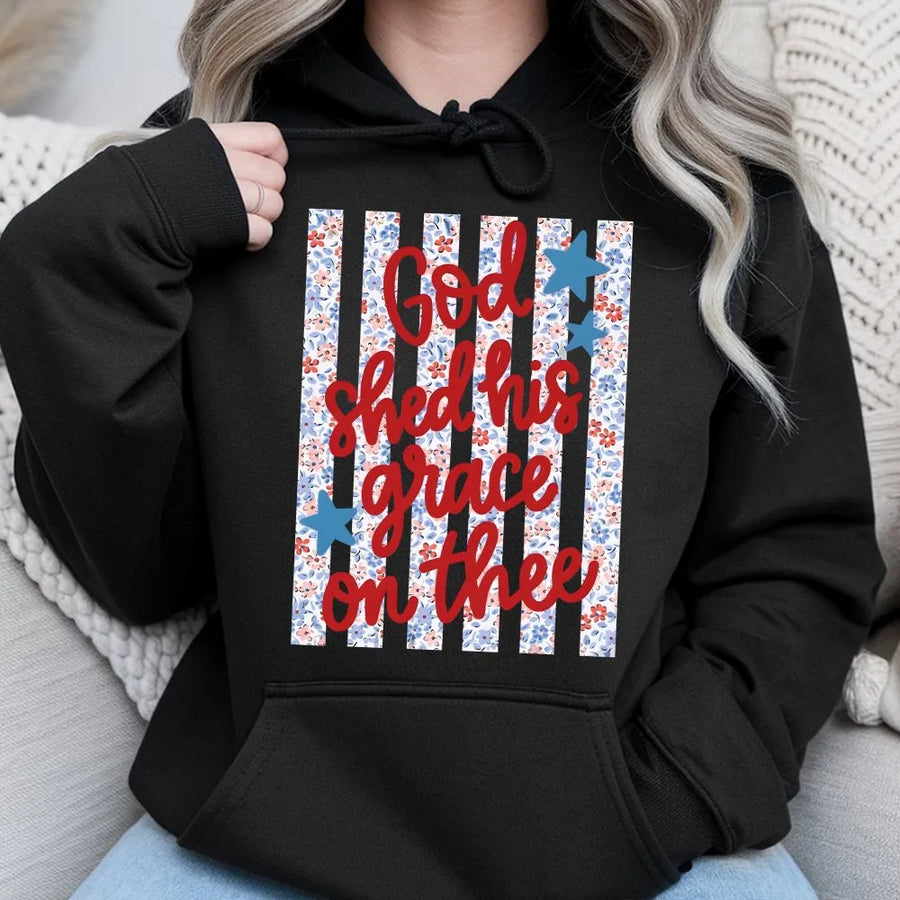 Patriotic Hoodie for Women | God Shed His Grace On Thee Floral Flag Graphic | Soft Cotton Blend Pullover | Christian Memorial Day Gift